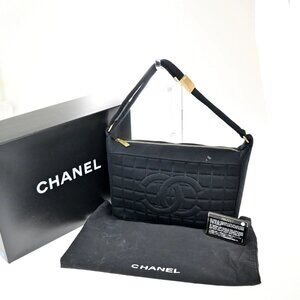 CHANEL CC Chocolate Bar Shoulder Hand Bag Canvas Black GHW